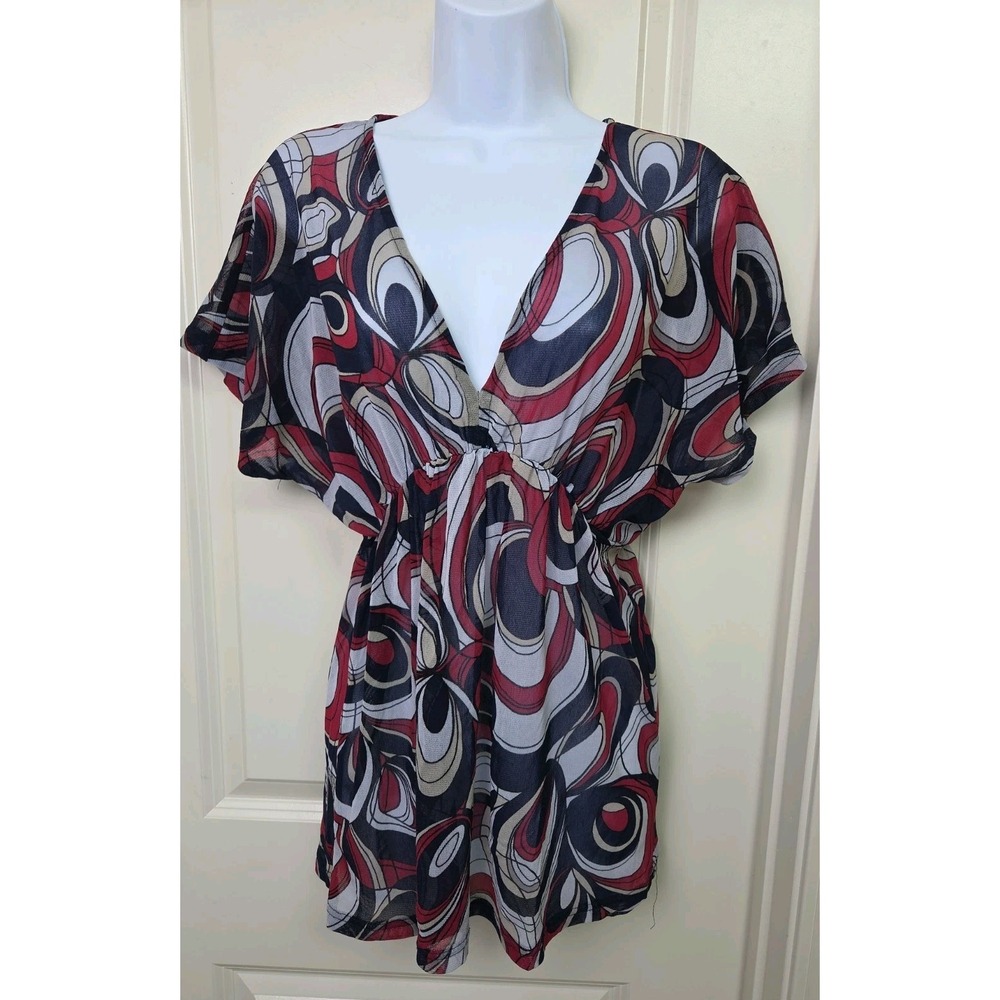 Vintage Y2K Babydoll Sheer Mesh Top Nylon Geometric Empire Waist Blouse Medium